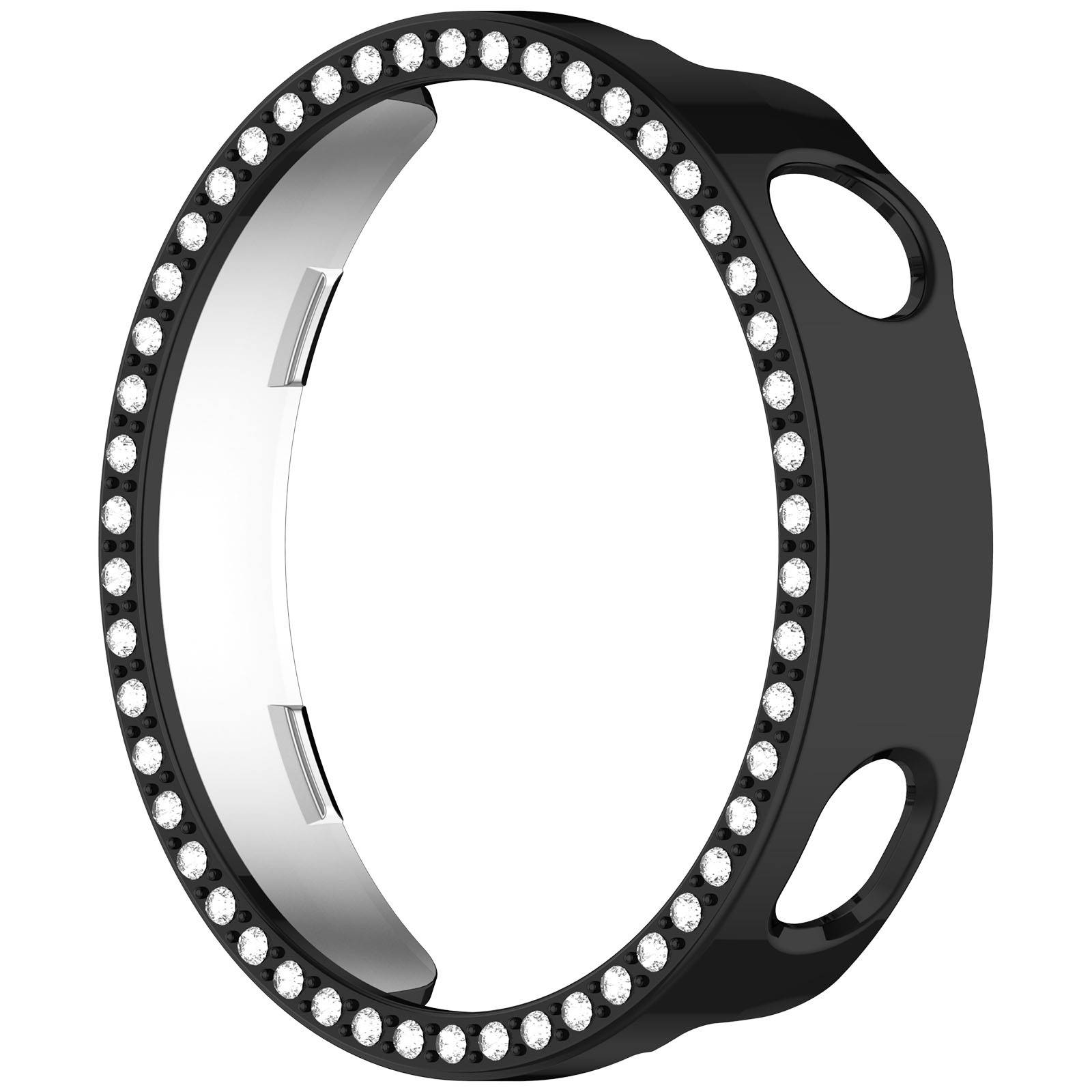 Schwarzer Ring mit rhinesteinbesetztem äußerem Rand und zwei ovalen Seitenöffnungen, gezeigt auf weißem Hintergrund.