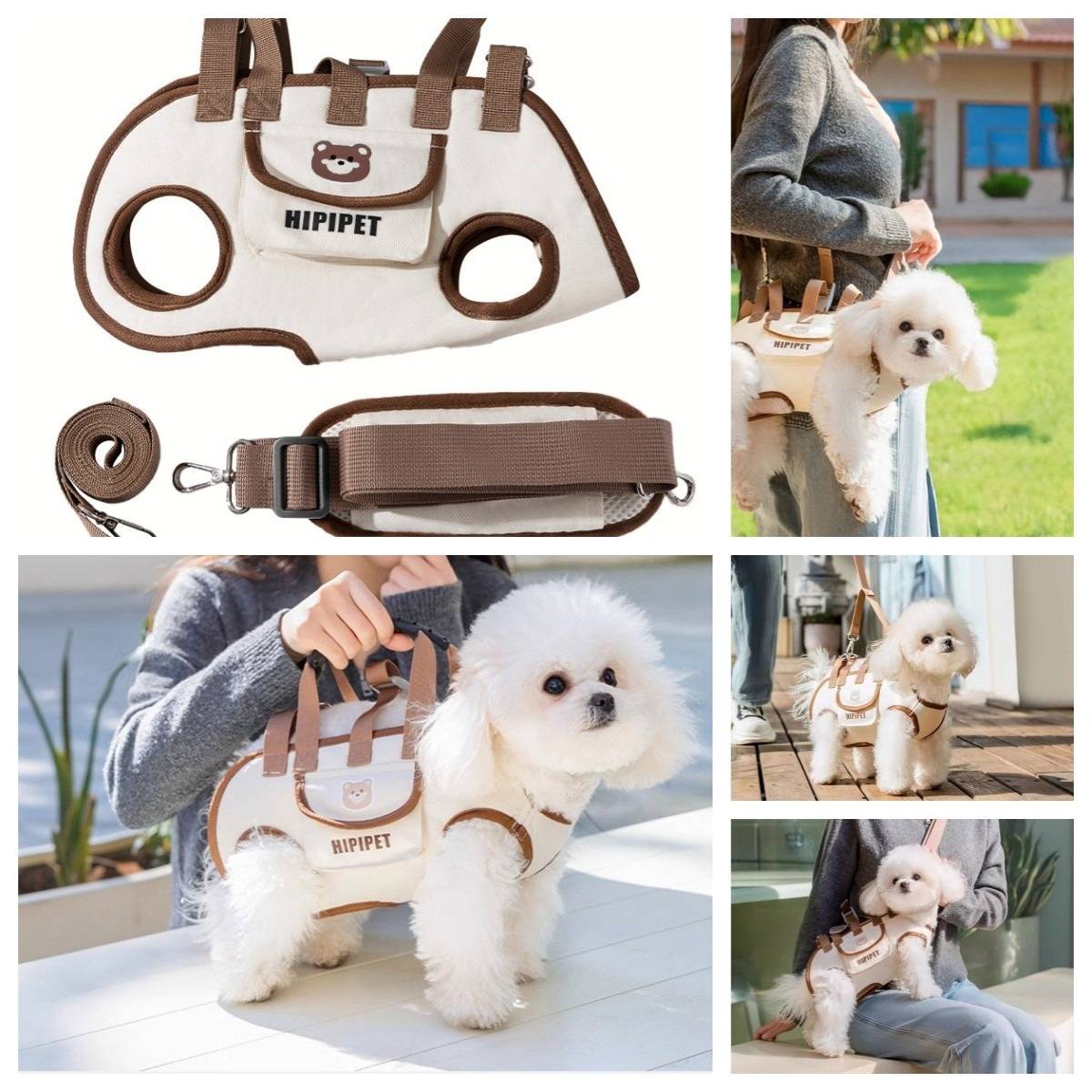Collage zeigt ein kleines beiges Hundegeschirr mit Leine und einen flauschigen weißen Hund, der es in mehreren Lifestyle-Fotos trägt, einschließlich Spaziergängen und beim Halten.