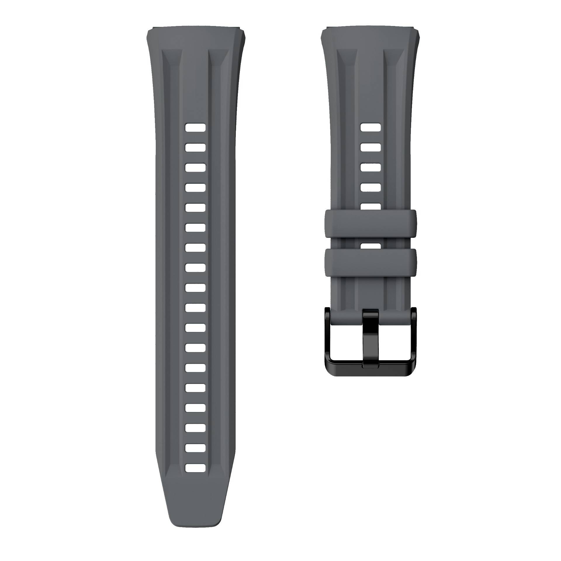 Grauer Silikon-Uhrenarmband von vorne und hinten gezeigt, mit perforierten Löchern und einer schwarzen Schließschnalle.