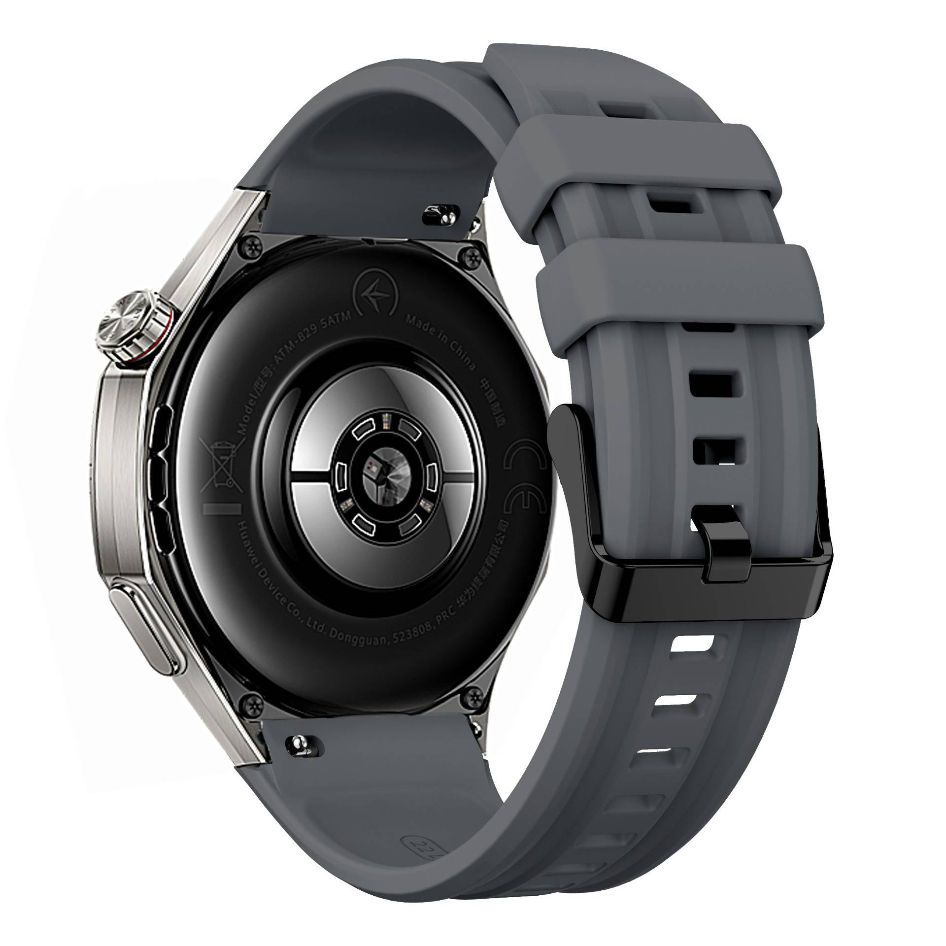 Rückansicht einer grauen Smartwatch mit rundem schwarzem Sensor auf der Unterseite, silbernem Gehäuse und grauem Silikonarmband auf weißem Hintergrund.