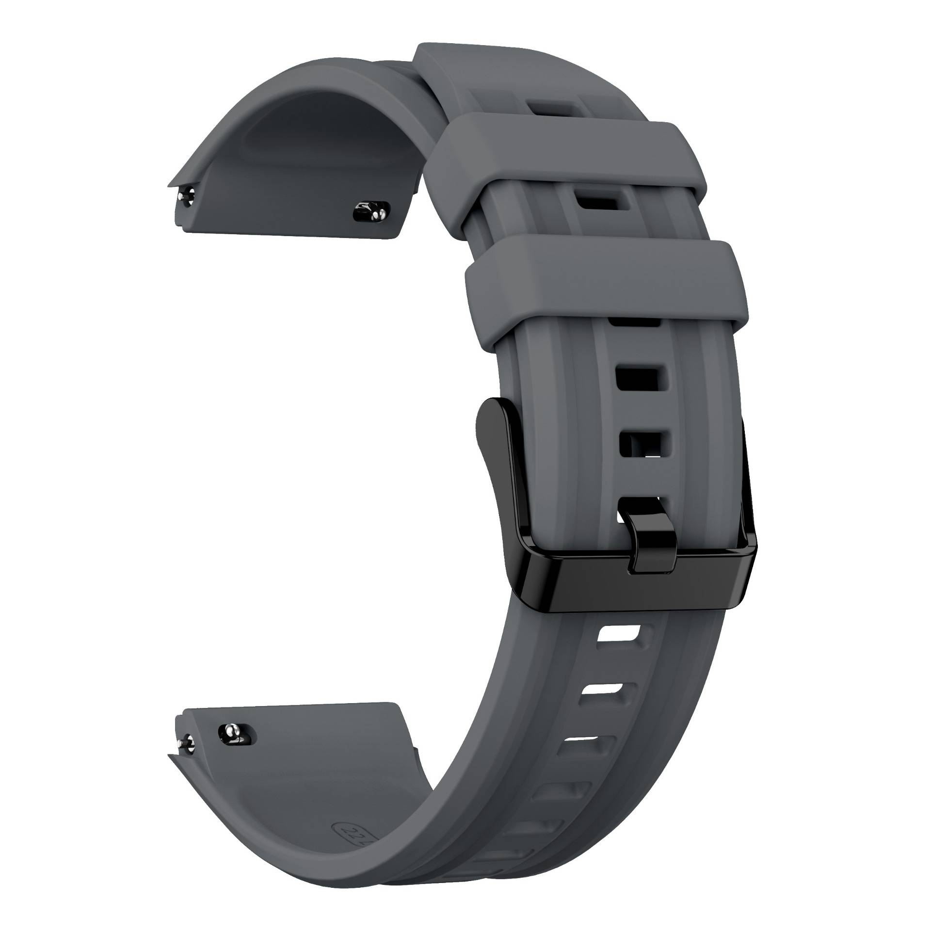 Grauer Silikon-Uhrenarmband mit gewölbtem Band, Schnalle und mehreren Verstellöffnungen, dargestellt auf weißem Hintergrund.