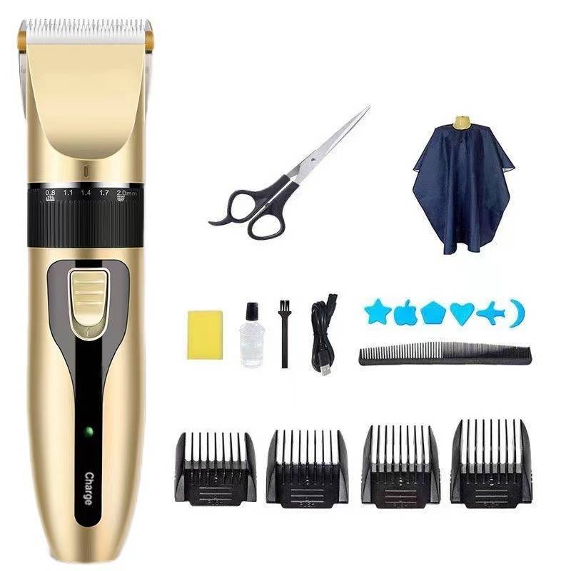 Kabelloses Haarschneidemaschinen-Set mit Schutzvorrichtungen für Klingen, Schere, Kamm, Reinigungsbürste, Öl, Ladekabel und Umhang.