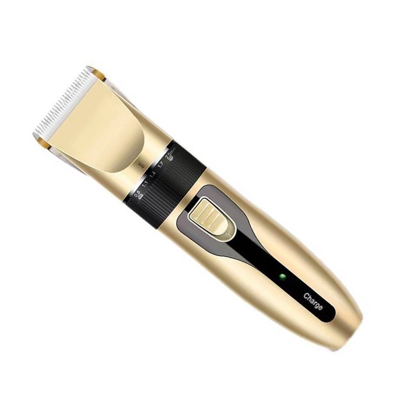 Goldener elektrischer Haarschneider mit weißem Schutzblatt, schwarzem Griff und 