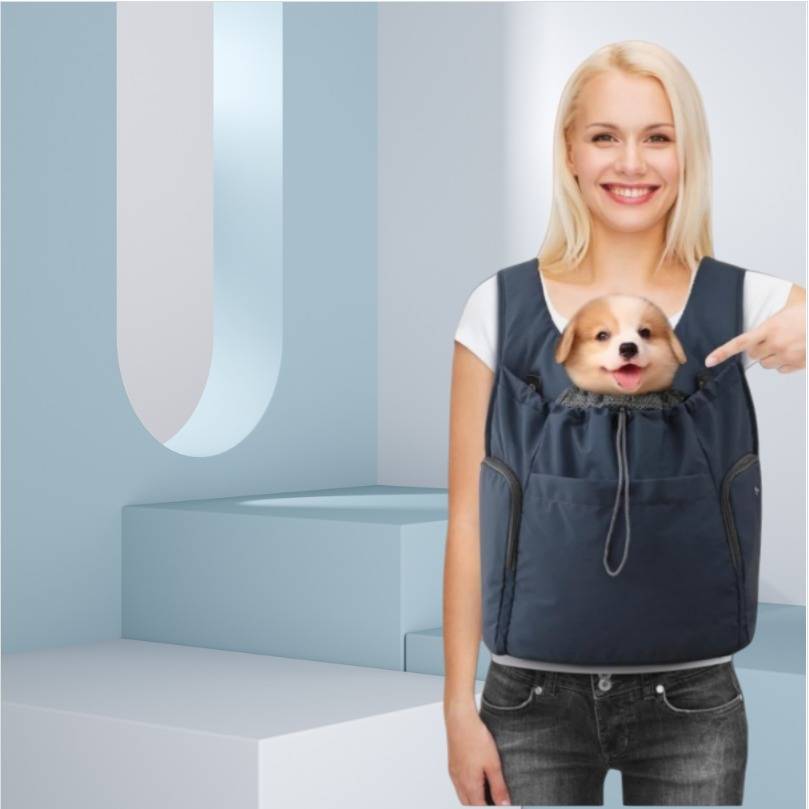 Eine lächelnde Frau hält einen Welpen in einer Fronttragevorrichtung und zeigt auf ihn in einem minimalistischen, hellblauen Zimmer.