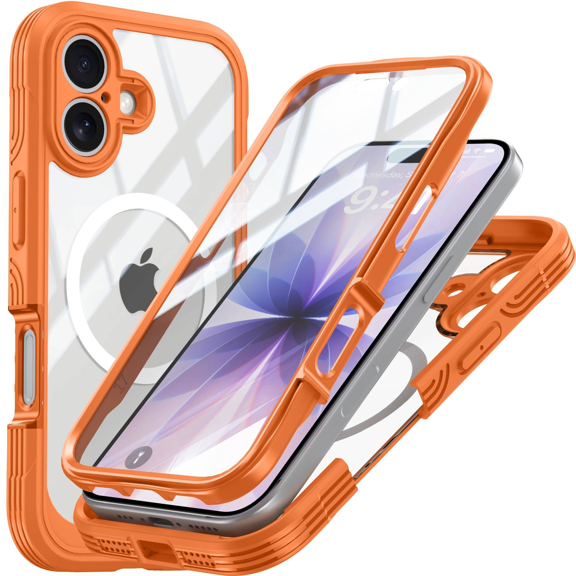 Orange robustes klares iPhone-Etui in Explosionsdarstellung, das Vorderrahmen, Rückseite und erhöhten Kamerasitz hervorhebt.