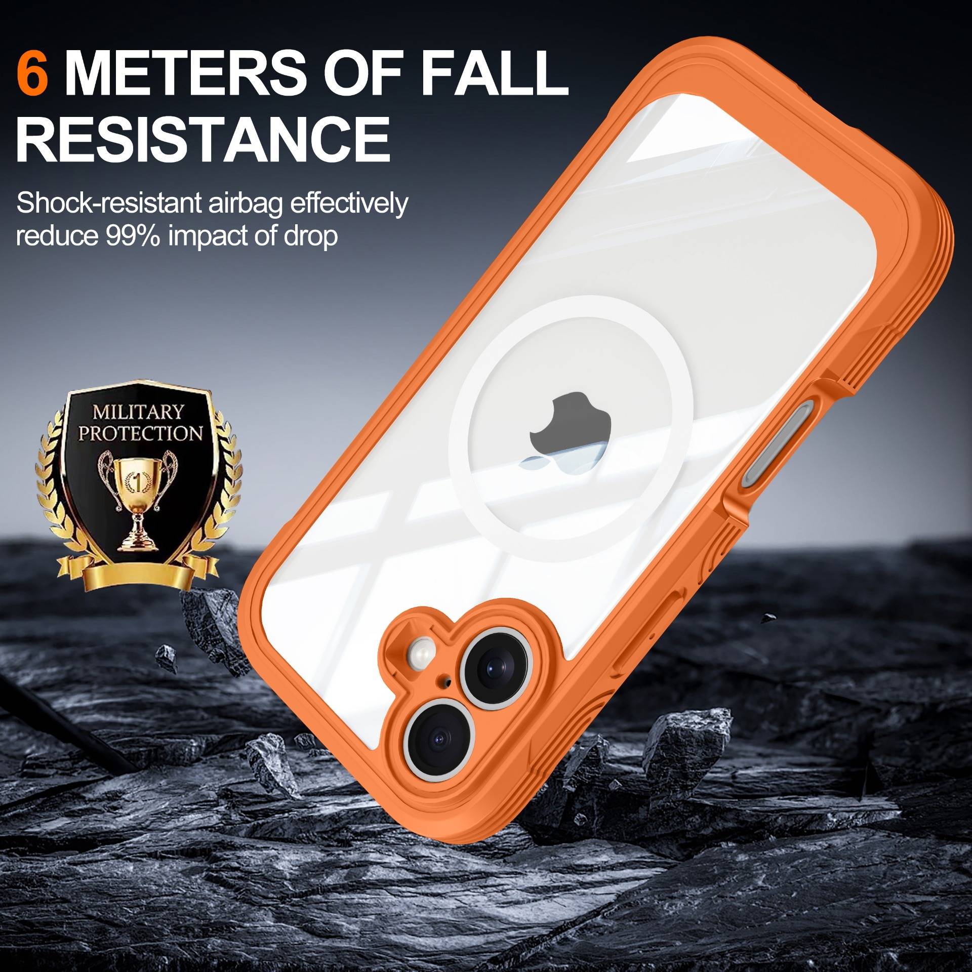 Werbebild eines orangefarbenen iPhone-Schutzkastens mit durchsichtiger Rückseite, gekennzeichnet mit „6 Meter Sturzsicherheit" und „Stoßdämpfendes Airbag reduziert 99% der Aufprallkraft bei Stürzen"", plus Militärschutz-Abzeichen.
