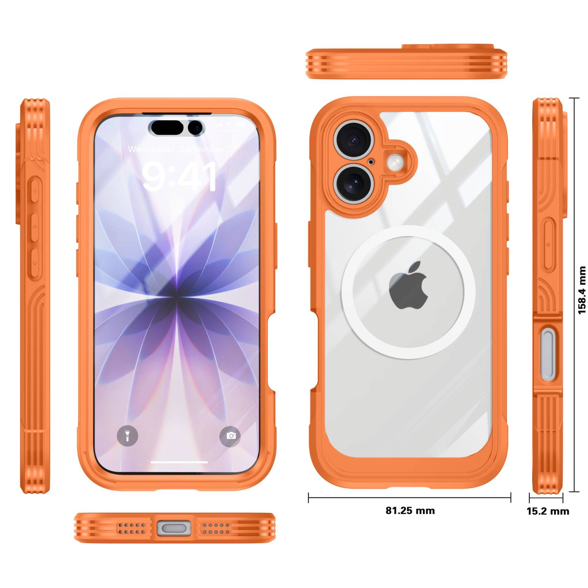 Orange-robustes iPhone-Etui von vorne, hinten und von der Seite mit Maßangaben; durchsichtiger Rückseite und erhöhtem Kamerasschutz.