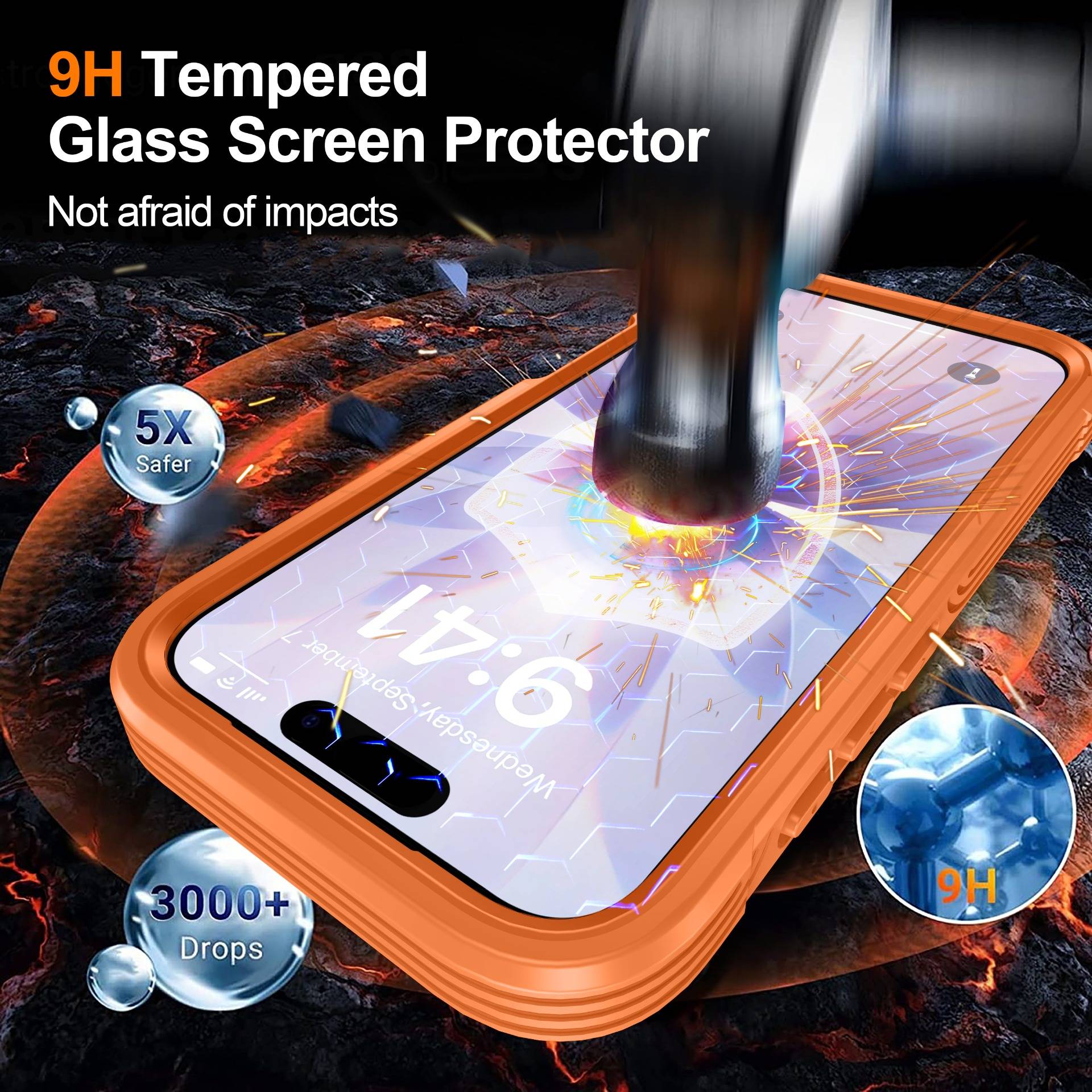 Anzeige für 9H gehärtete Glaskantenschutzfolie mit einem Telefon, das von einem Hammer getroffen wird, mit dem Text „Vor Stößen keine Angst", „5X sicherer"" und „3000+ Stürze"".