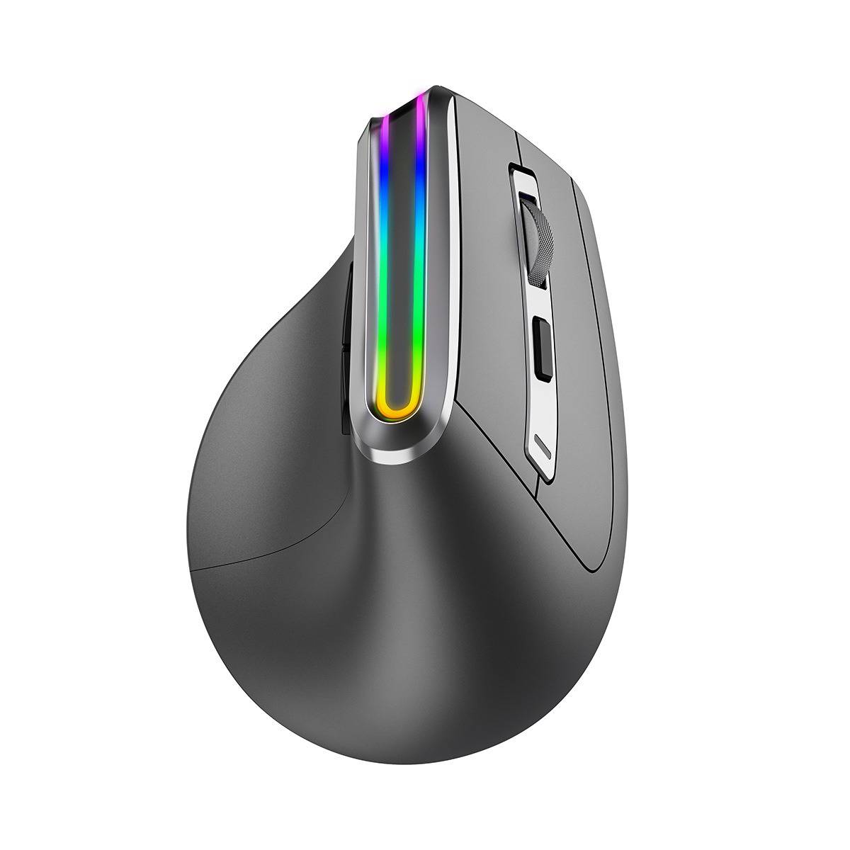 Vertikale ergonomische schwarze kabellose Maus mit regenbogenfarbig beleuchteter Akzentleiste und Seitentasten, auf weißem Hintergrund dargestellt.