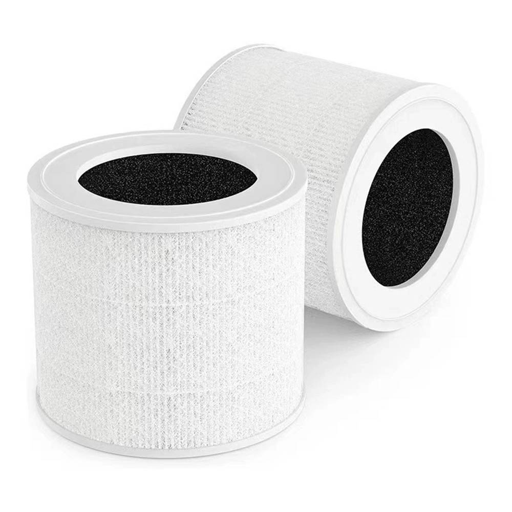 Zwei weiße zylindrische Luftfilter mit schwarzem inneren Schaum, auf einem schlichten weißen Hintergrund dargestellt.