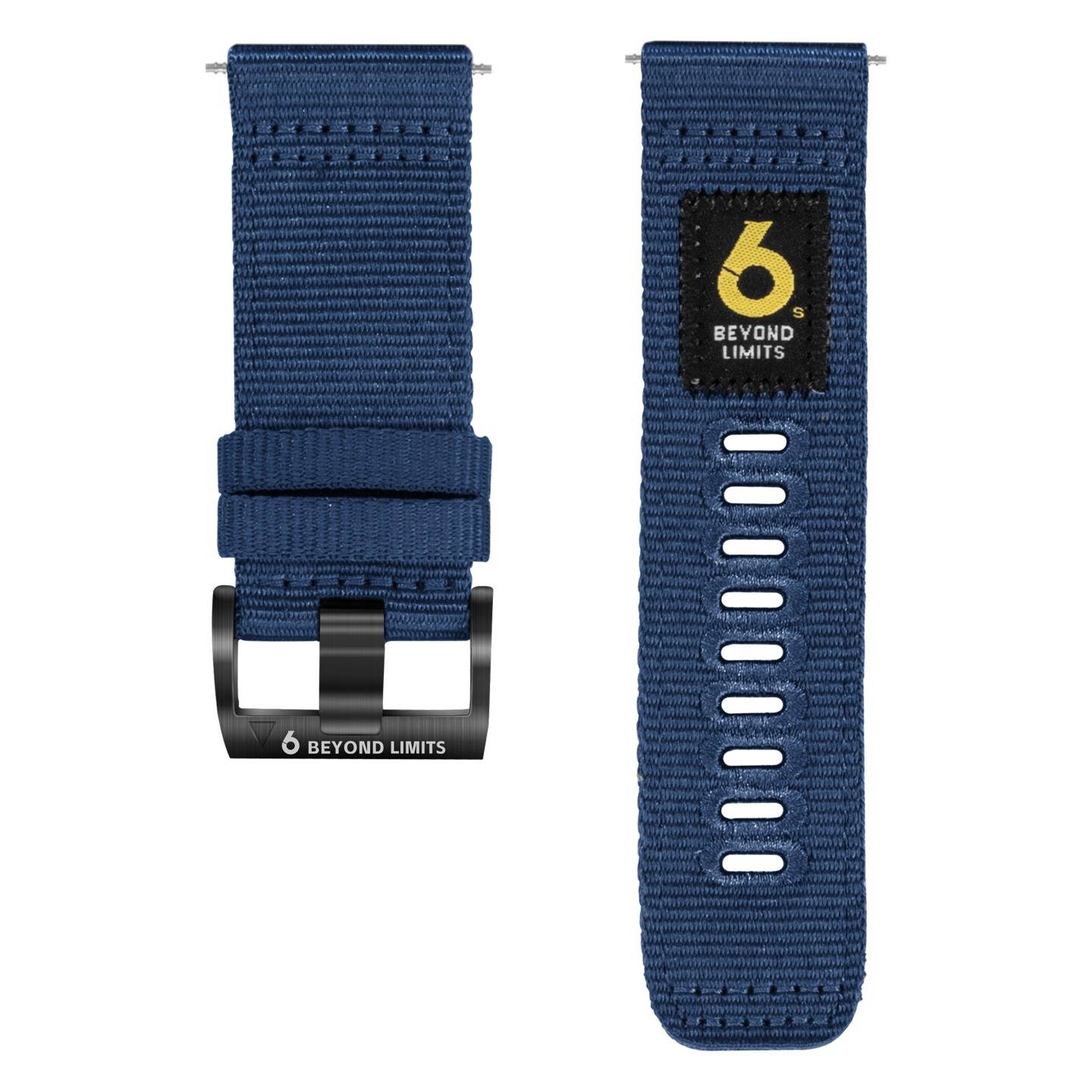 Blaues gewebtes Uhrenarmband mit schwarzer Schließe und '6 BEYOND LIMITS' Branding, von vorne und hinten auf weißem Hintergrund gezeigt.