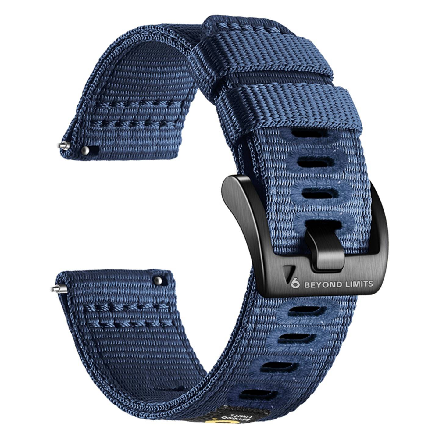 Blauem gewebtem Nylon-Armband mit schwarzer Schnallenschließe, gezeigt auf weißem Hintergrund.