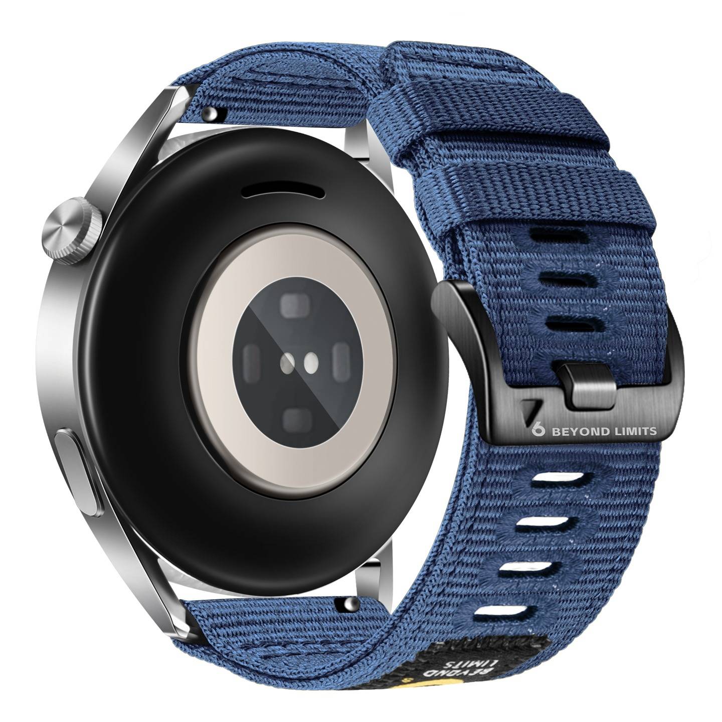 Rückansicht einer schwarzen Smartwatch mit silbernem Gehäuse und blauem gewebtem Armband, zeigt Sensoren auf der Unterseite und „BEYOND LIMITS" auf der Schließe.