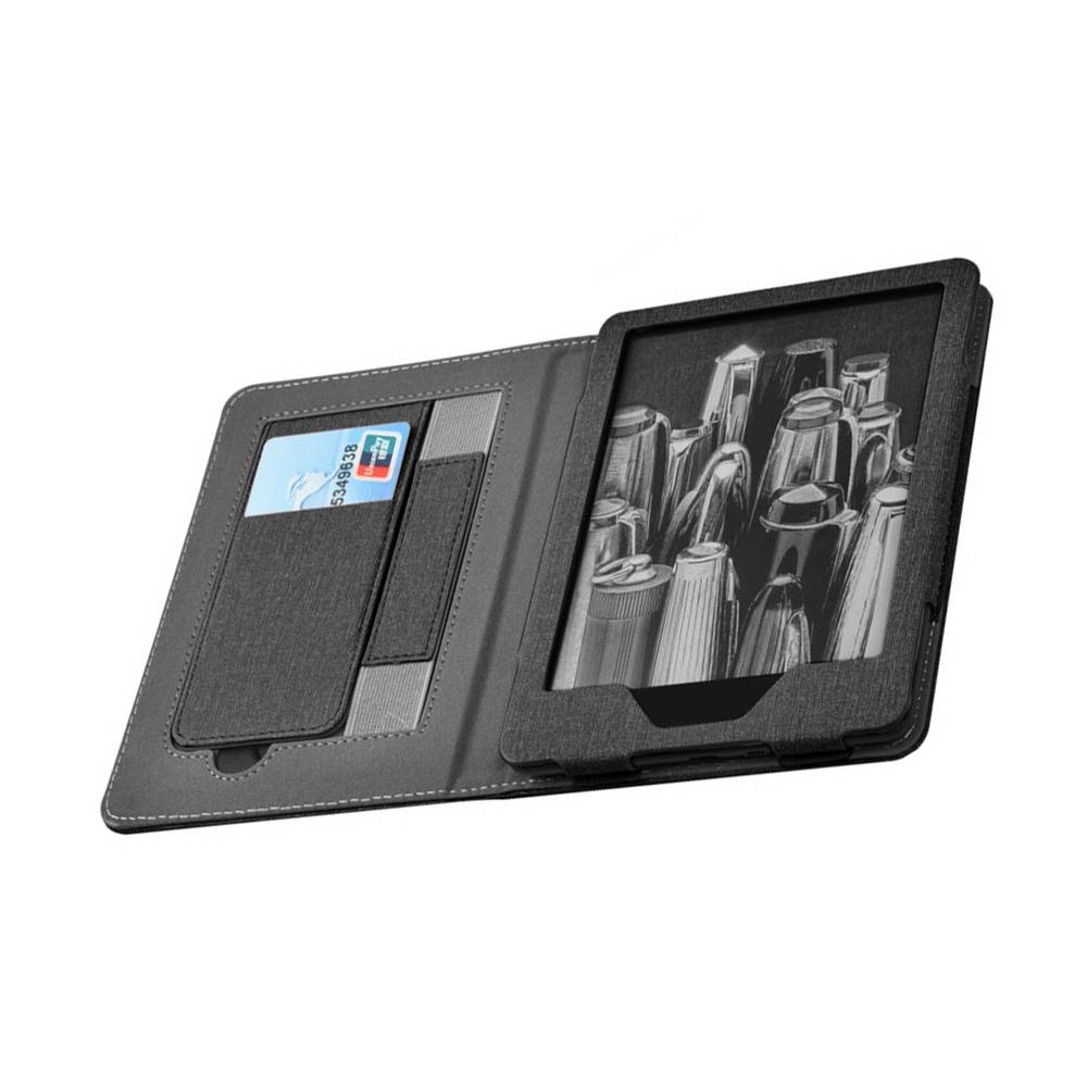 Schwarze Tablet-Folio-Tasche mit Vordertasche, zeigt ein Tablet auf der rechten Seite und Kartenfächer auf der linken Seite