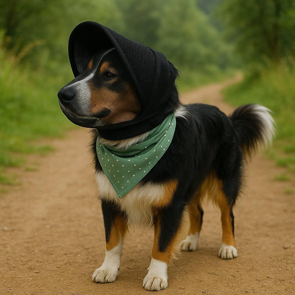 Ein schwarzer, graubraun und weiß gefärbter Hund, der eine schwarze Kapuze und ein grünes Halstuch trägt, steht auf einem Feldweg in einem grünen bewaldeten Gebiet.