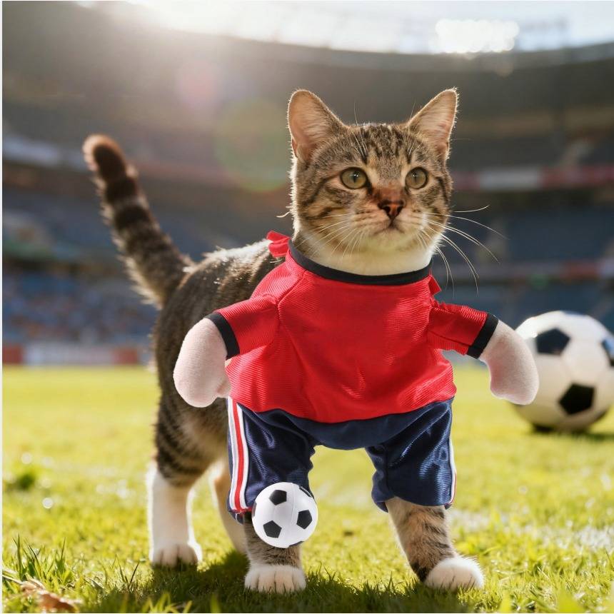 Getigerte Katze in einer roten Fußballuniform steht auf einem Stadionfeld mit Fußbällen in der Nähe.