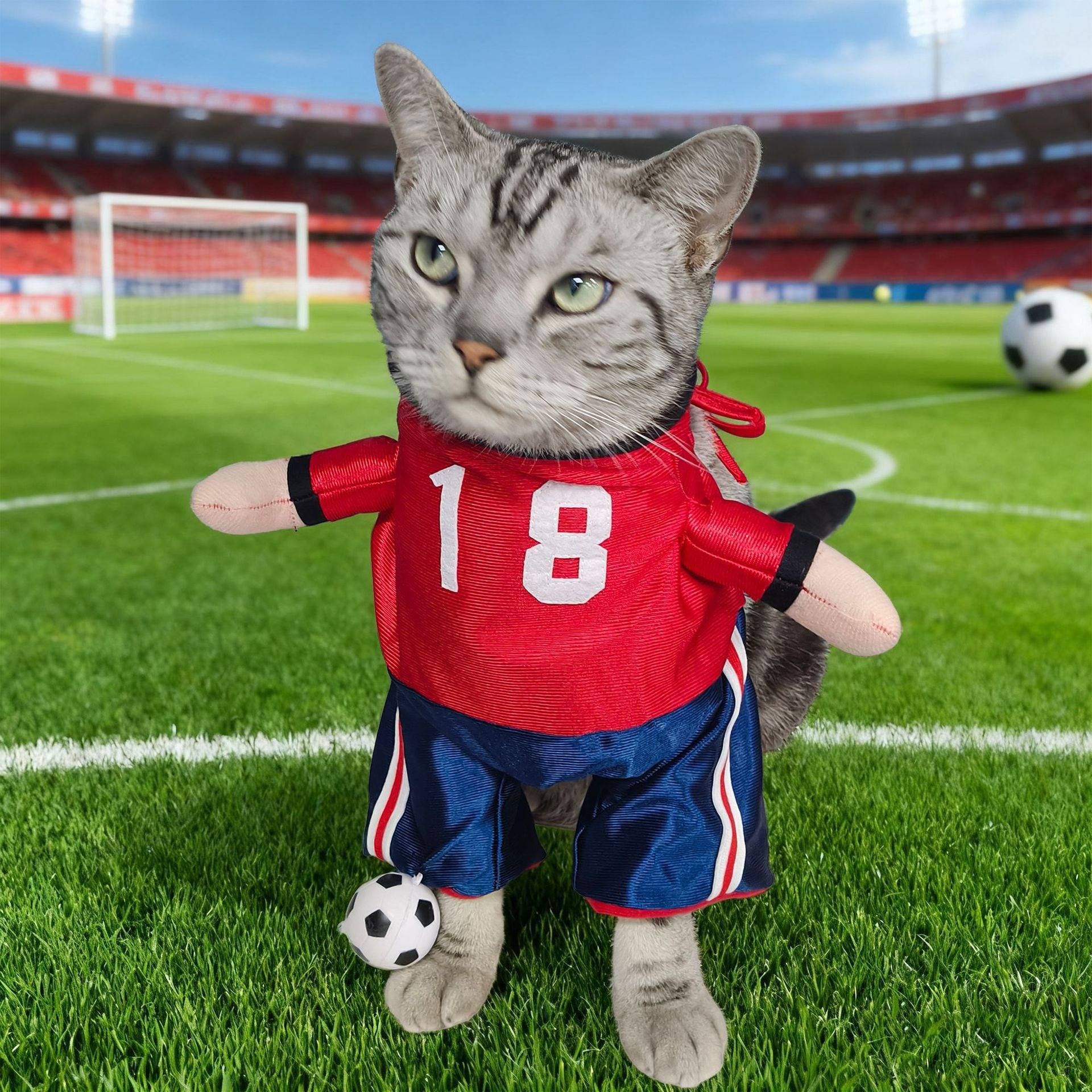 Eine Katze in einem roten Fußballtrikot mit der Nummer 18 steht auf einem Spielfeld mit einem Ball, im Hintergrund ein Stadion und ein Tor.