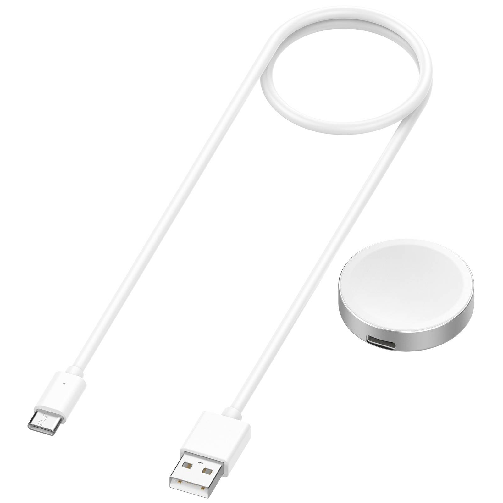 Weißes USB-Ladekabel mit USB-A- und Lightning-Anschlüssen, dargestellt zusammen mit einer kleinen runden magnetischen Ladebuchse.