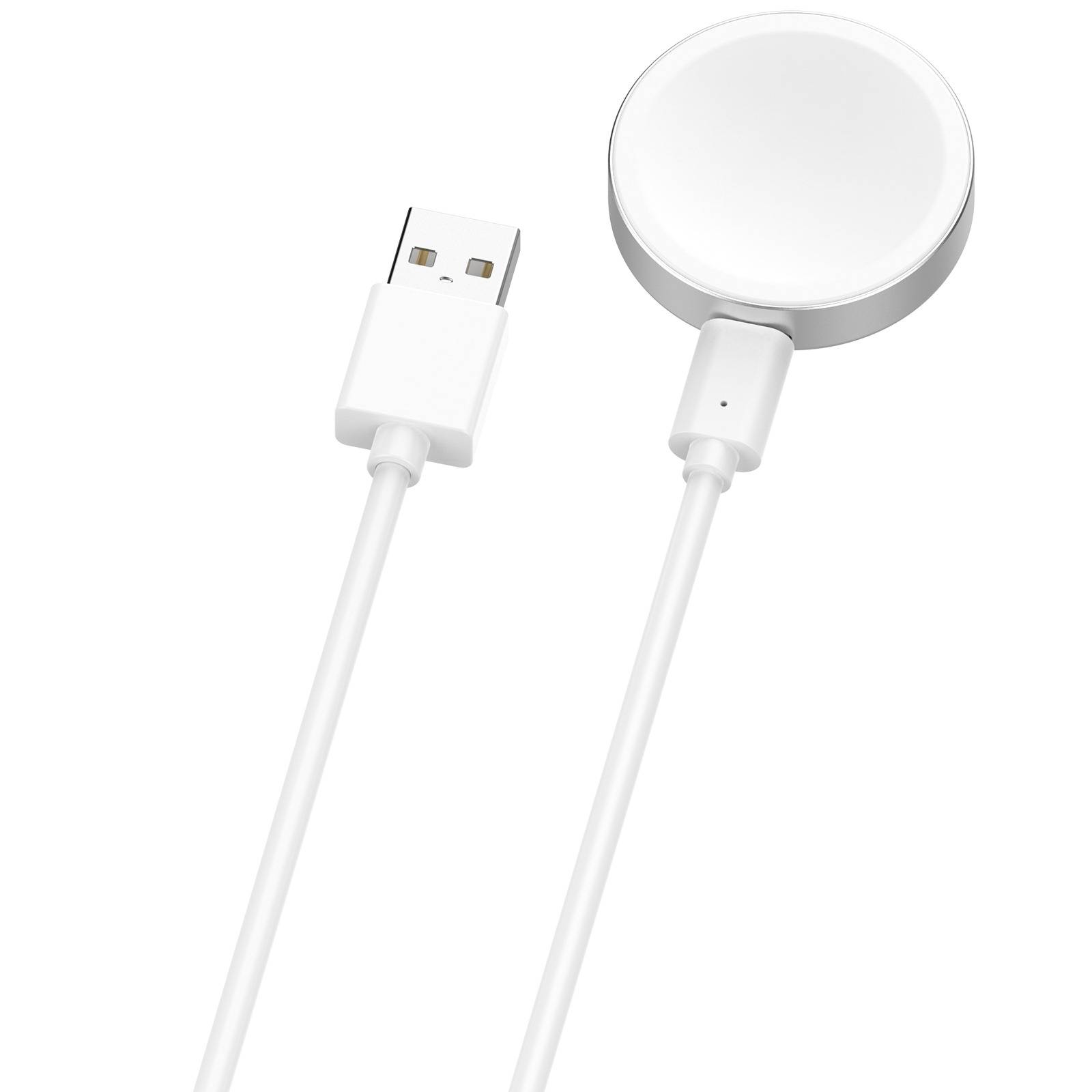 Weißes USB-Ladekabel mit einer runden magnetischen kabellosen Ladeschale und USB-A-Stecker, dargestellt vor einfachem Hintergrund.