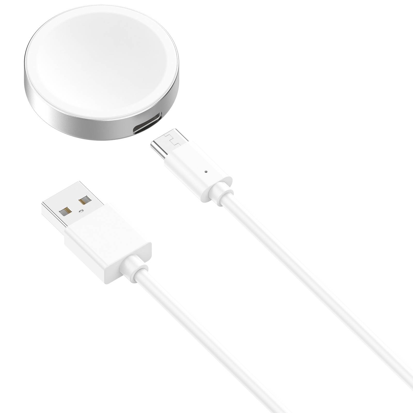 Weißes USB-Ladekabel mit magnetischem rundem Steckerverbinder und USB-A-Stecker, gezeigt vor einfachem Hintergrund.