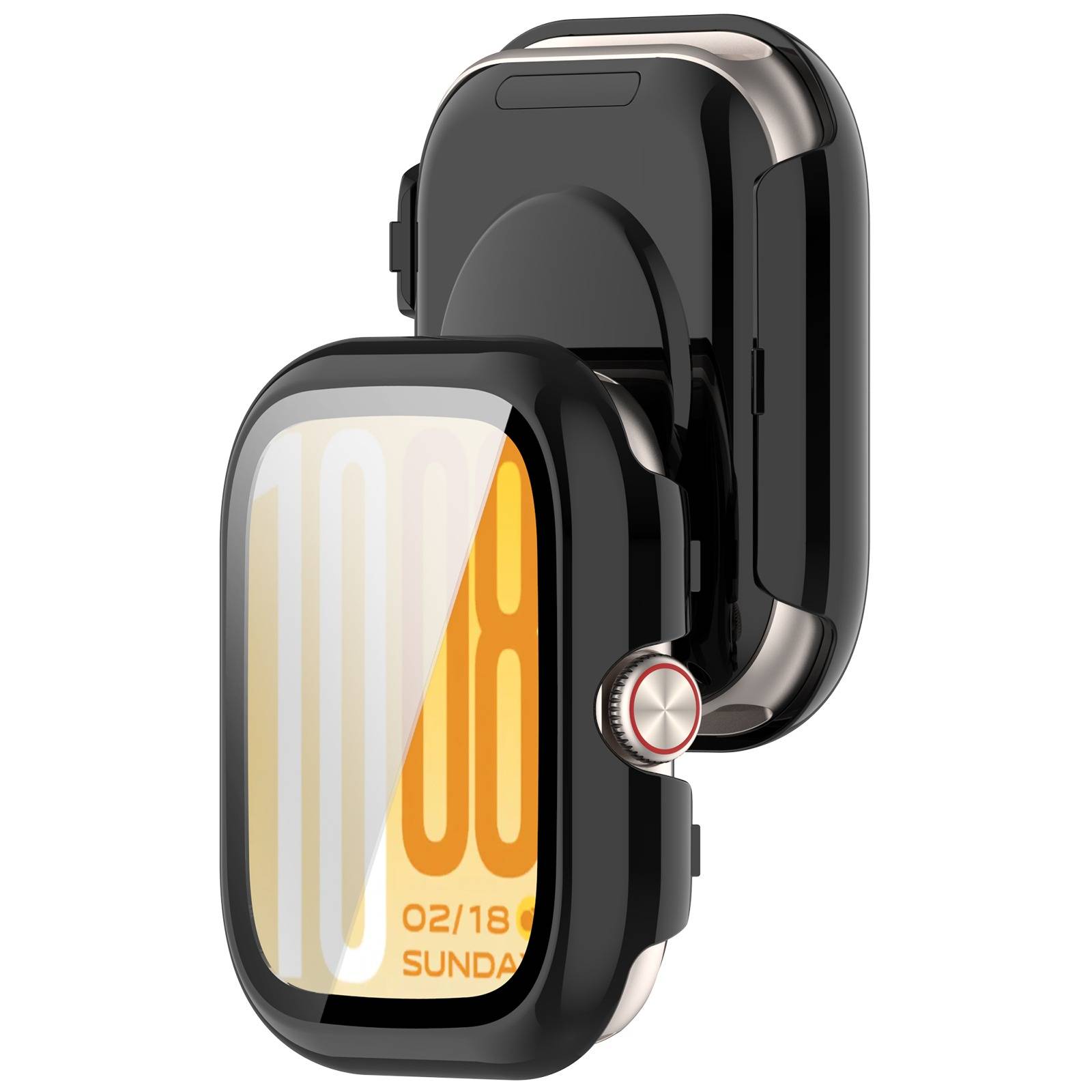 Zwei schwarze rechteckige Smartwatches, eine vorne mit einem orange-weißen digitalen Display, die andere dahinter in einem Winkel auf weißem Hintergrund.