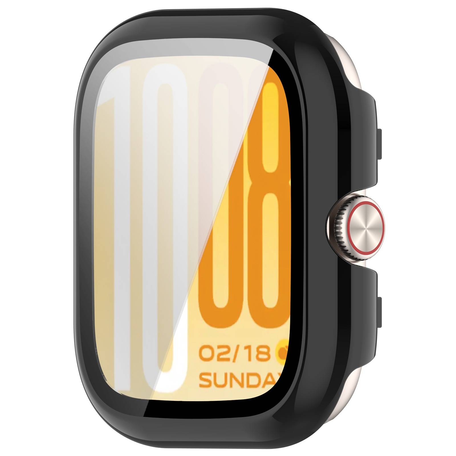 Schwarze Smartwatch mit glänzendem schwarzem Gehäuse und orangem Digitaldisplay, das die Uhrzeit „10", das Datum „02/18"" und den Wochentag „SUNDAY"" (teilweise sichtbar) anzeigt.