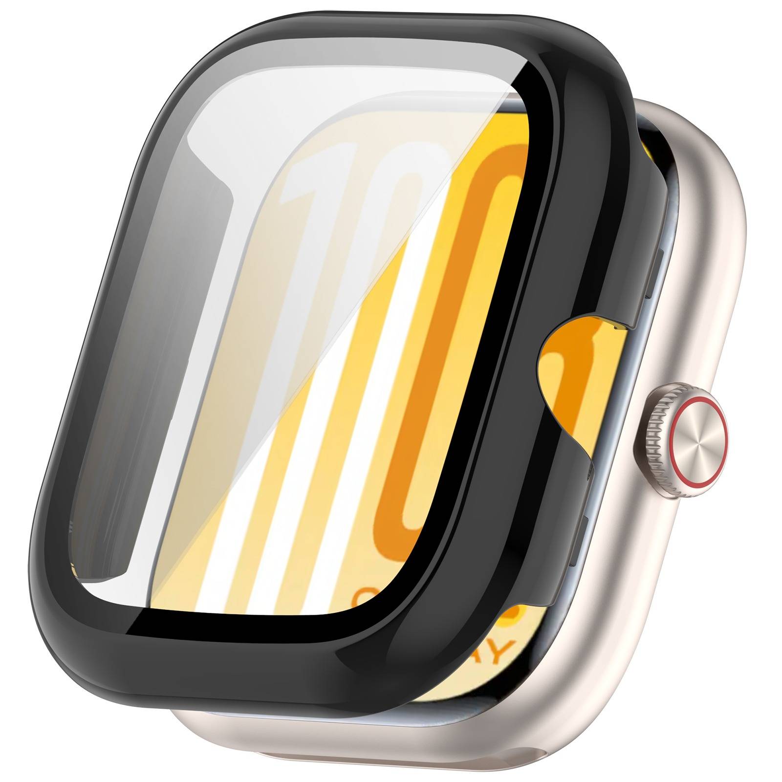 Nahaufnahme einer schwarzen Smartwatch mit silbernem Gehäuse und rot gekröntem Seitentaster, die ein gelbes/orangefarbenes abstraktes Zifferblatt zeigt.