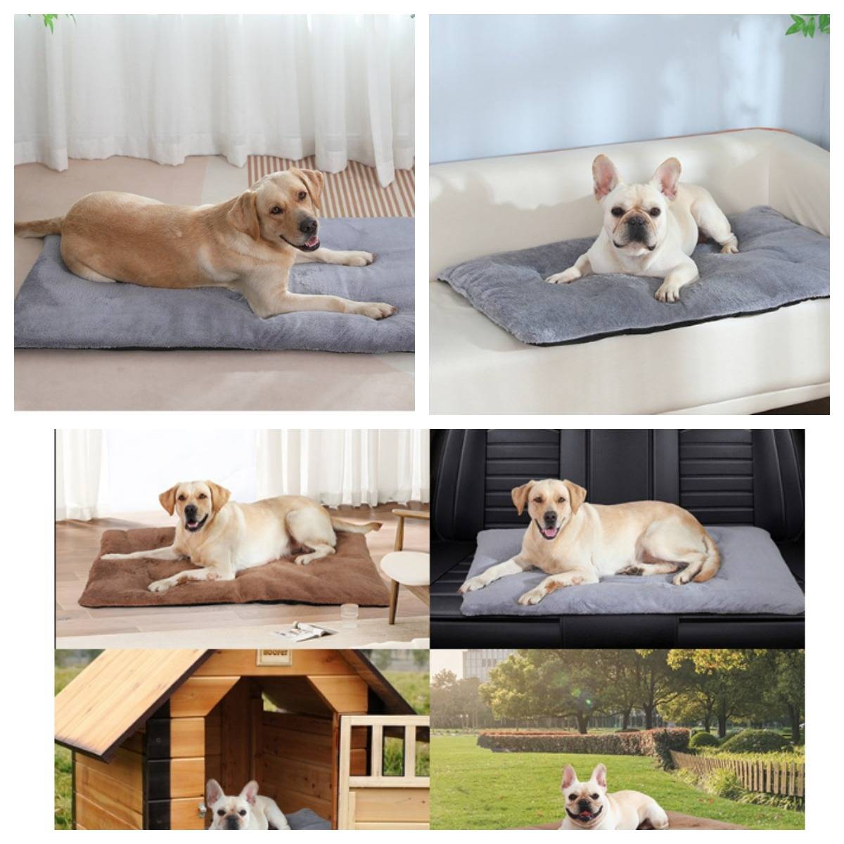 Collage von Hunden, die auf grauen Tiermatten in verschiedenen Innen- und Außenumgebungen liegen und die Matten als Ruheplätze nutzen.