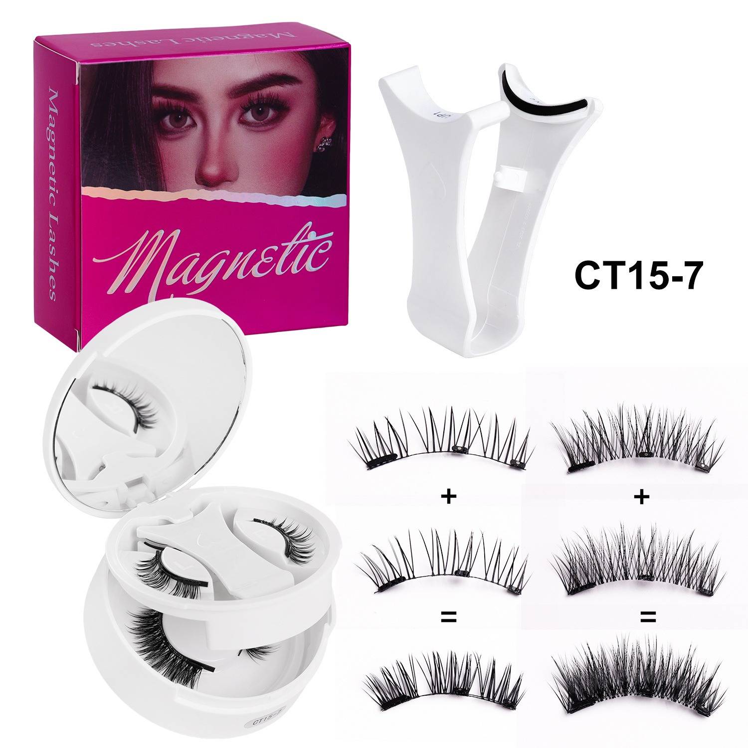 Produktbild für Magnetische Wimpern CT15-7, zeigt Verpackung, Applikator-Werkzeug, Wimpern-Etui und vorher-nachher Wimpernstile.