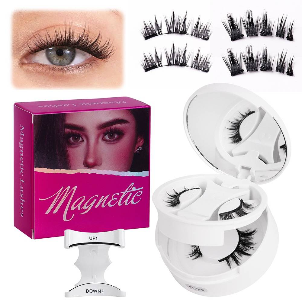 Magnetische künstliche Wimpern-Set mit Applikator, gezeigt mit Nahaufnahme des Auges, vier Wimpernstile, Aufbewahrungsbox und Einzelhandelsverpackung.