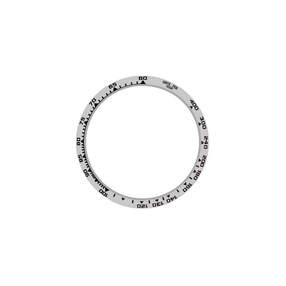 Ein Silber-Lünetten-Einsatzring mit schwarzen Minutenmarkierungen und Ziffern, gekennzeichnet für eine Taucheruhr, gezeigt auf weißem Hintergrund.