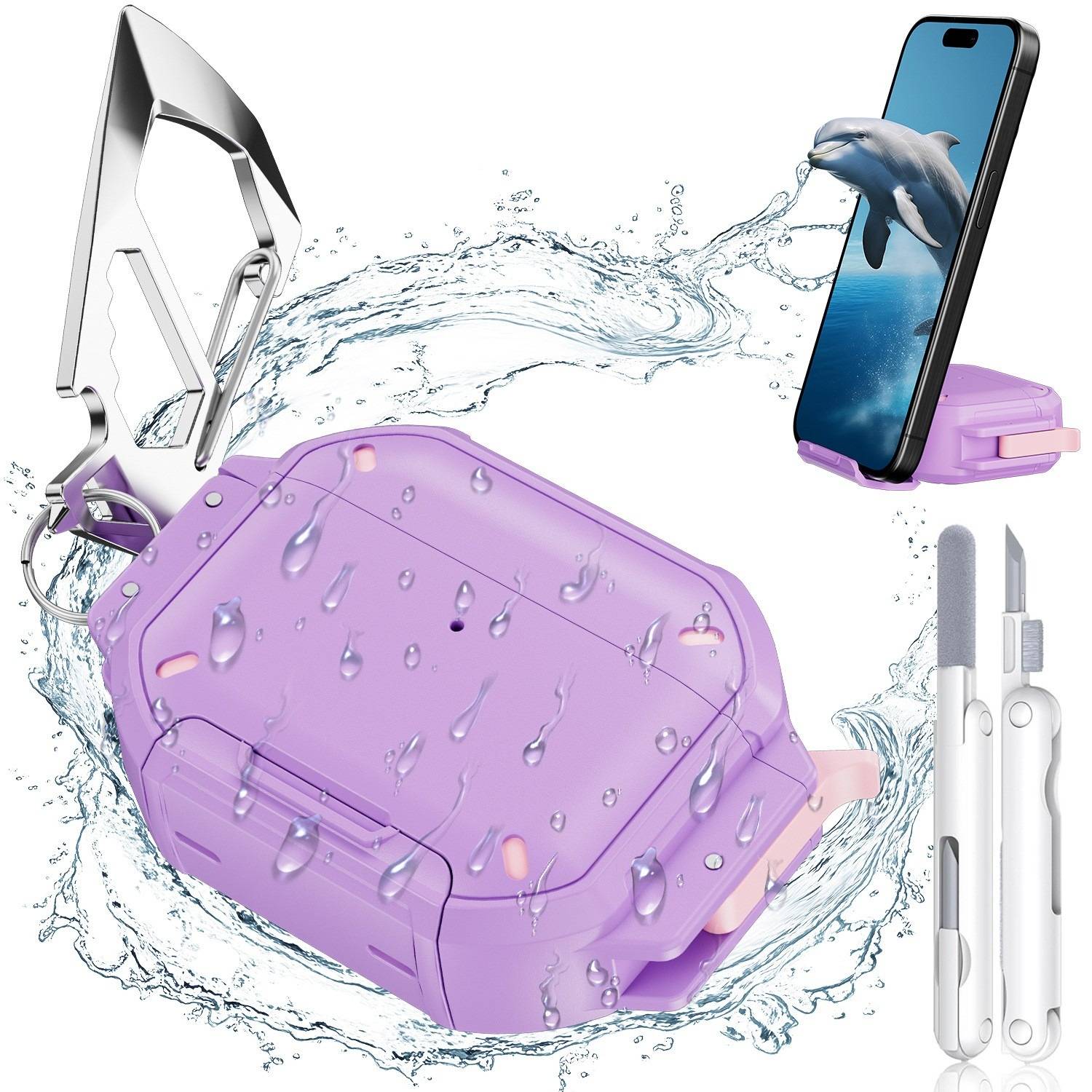 Wasserdichte Lavendel-Handyhülle mit Metallclip, gezeigt mit Wasserspritzern und einem Smartphone, das in die Hülle passt.