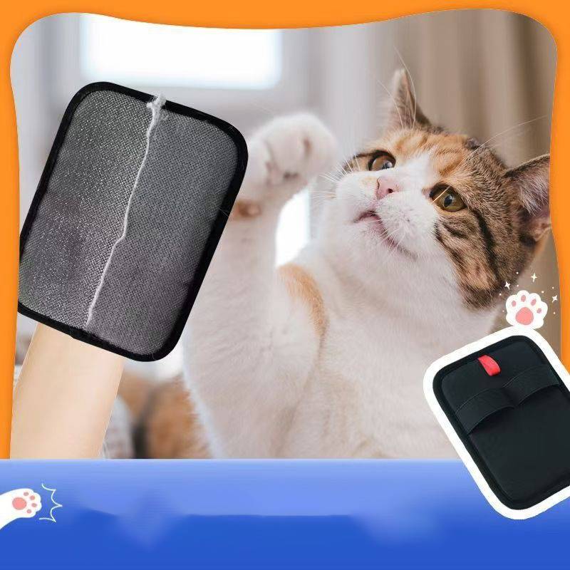 Katze wird mit einem Haustier-Enthaarungshandschuh gebürstet oder gepflegt, mit einer kleinen Einfügung, die die Klettverschlussseite des Handschuhs und ein Pfotensymbol zeigt.