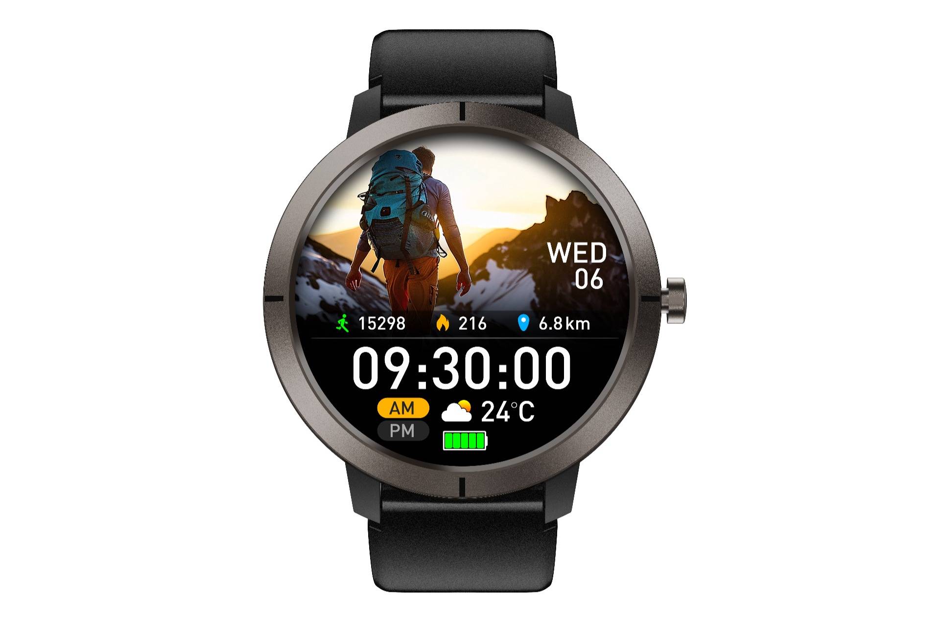 Smartwatch mit Wanderthema-Zifferblatt mit Sonnenauffotos, Datum MI 06, Uhrzeit 09:30:00, Wetter 24°C und Aktivitätsstatistiken.