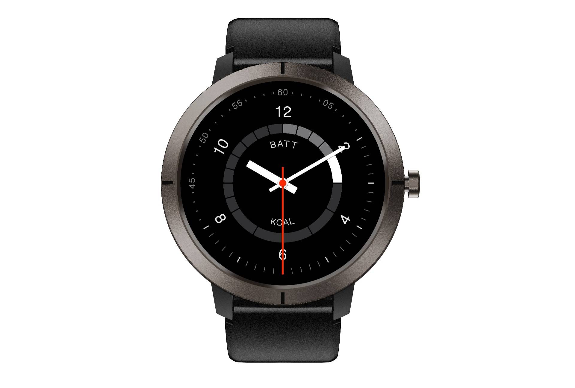 Schwarze runde Smartwatch mit analogem Zifferblatt, das die Zeit und die Wörter „BAT" und „KCAL"" auf dem Display anzeigt.
