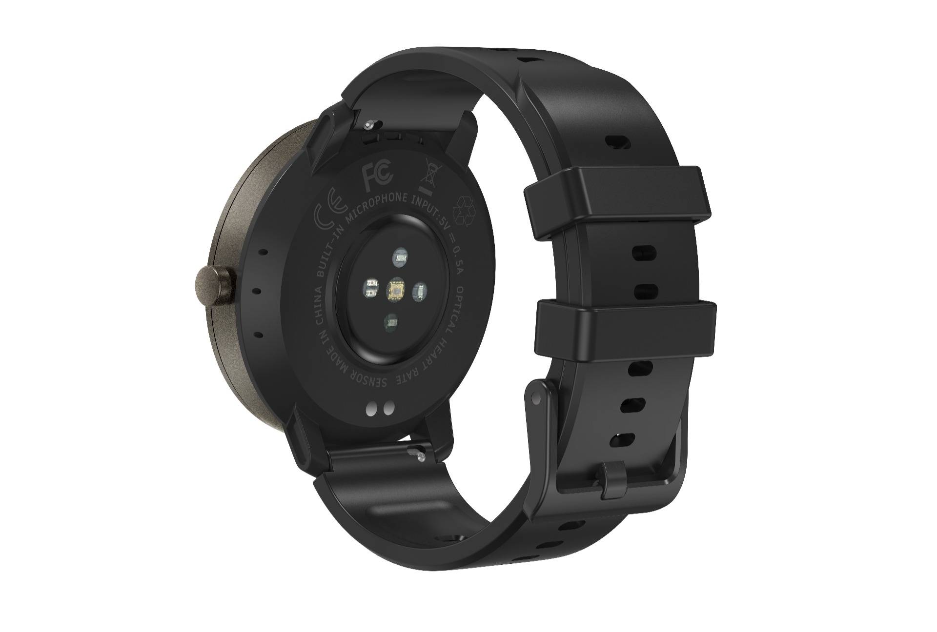 Schwarze runde Smartwatch von hinten dargestellt, mit Silikonarmband und sichtbaren Sensorkontakten auf weißem Hintergrund.