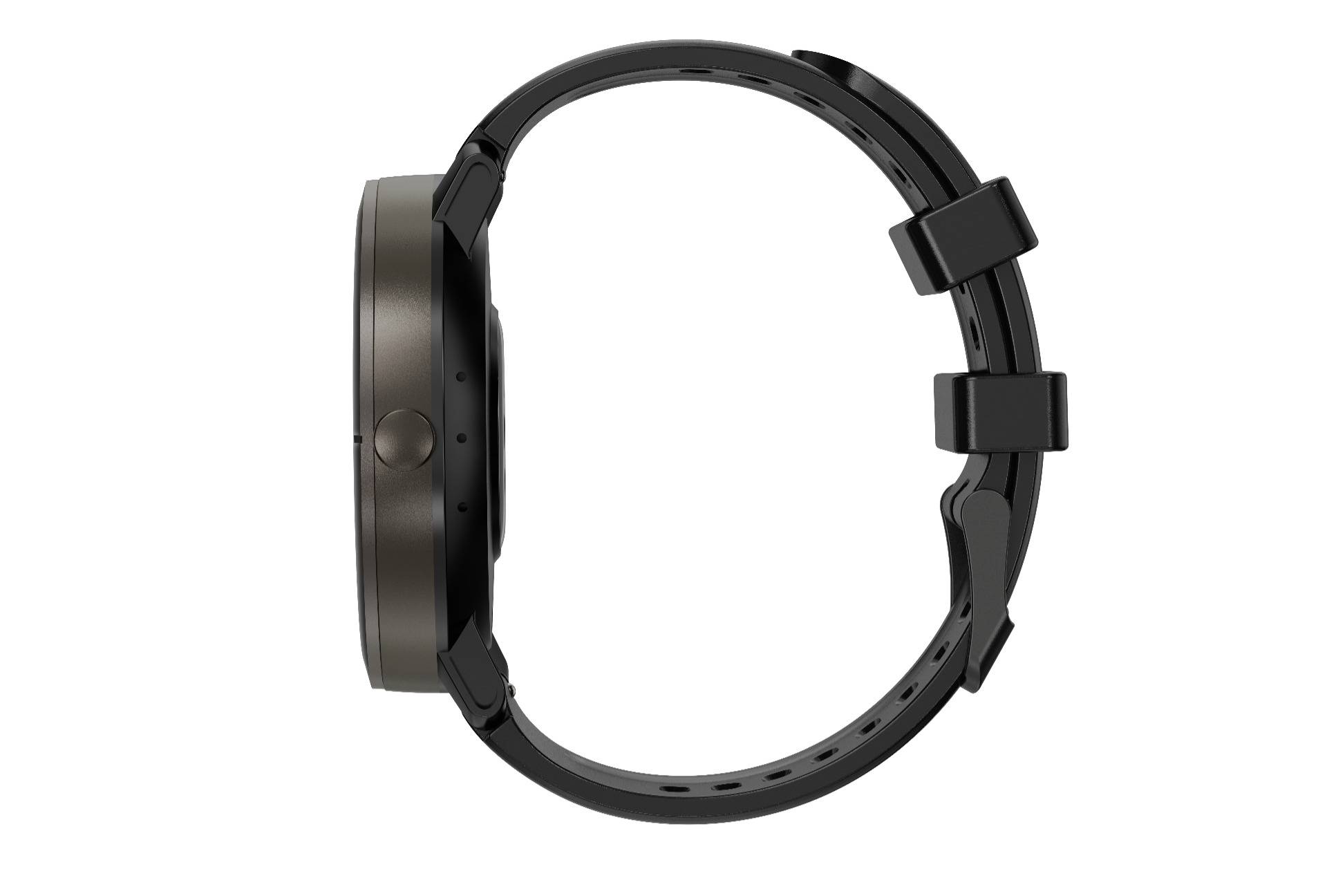 Seitenansicht einer schwarzen Smartwatch mit rundem Zifferblatt und verstellbarem Armband auf weißem Hintergrund.