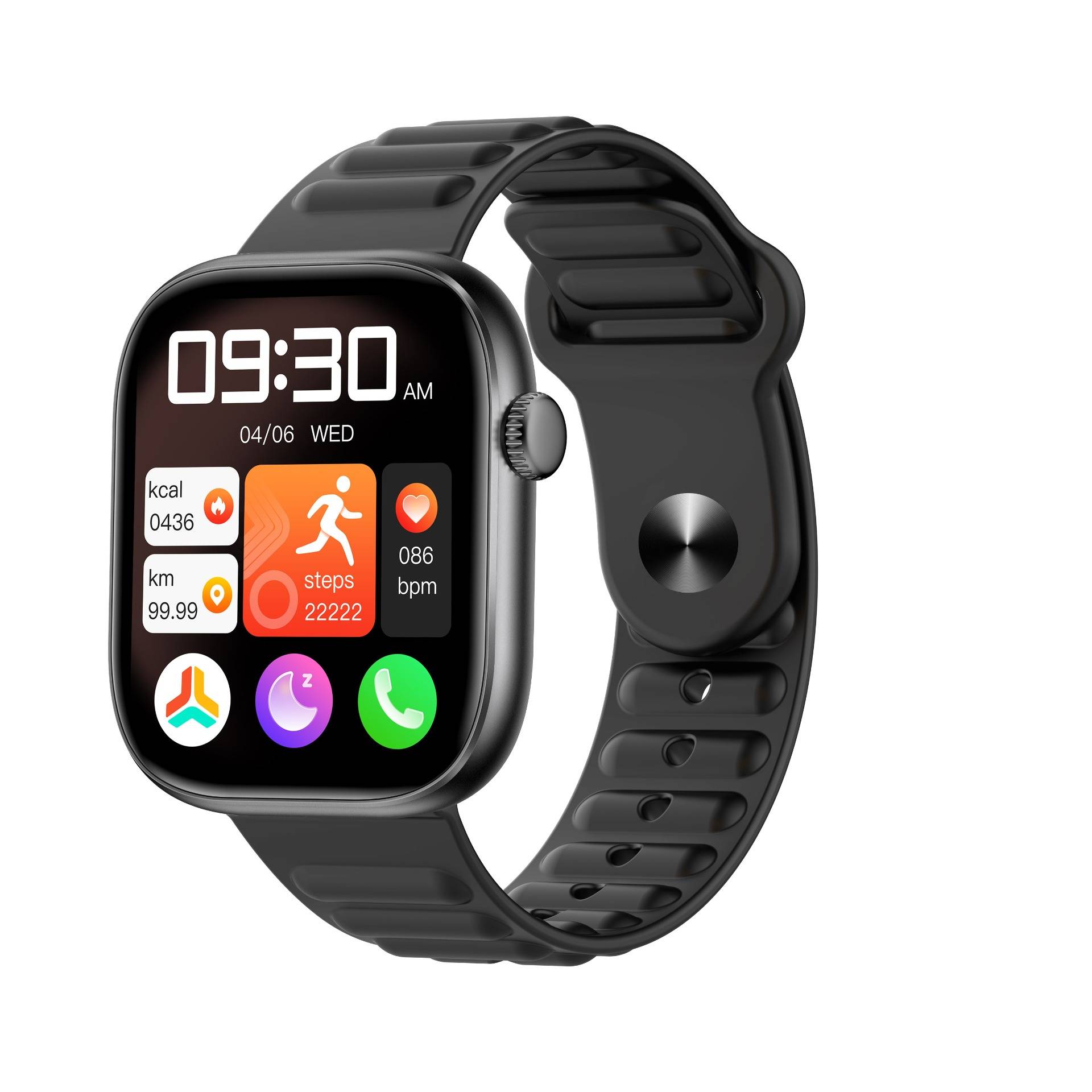 Schwarze Smartwatch mit quadratischem Display, das 09:30 Uhr, Datum 04.06 MI, Fitness-Metriken, Schritte, Herzfrequenz und App-Symbole auf dem Bildschirm anzeigt.