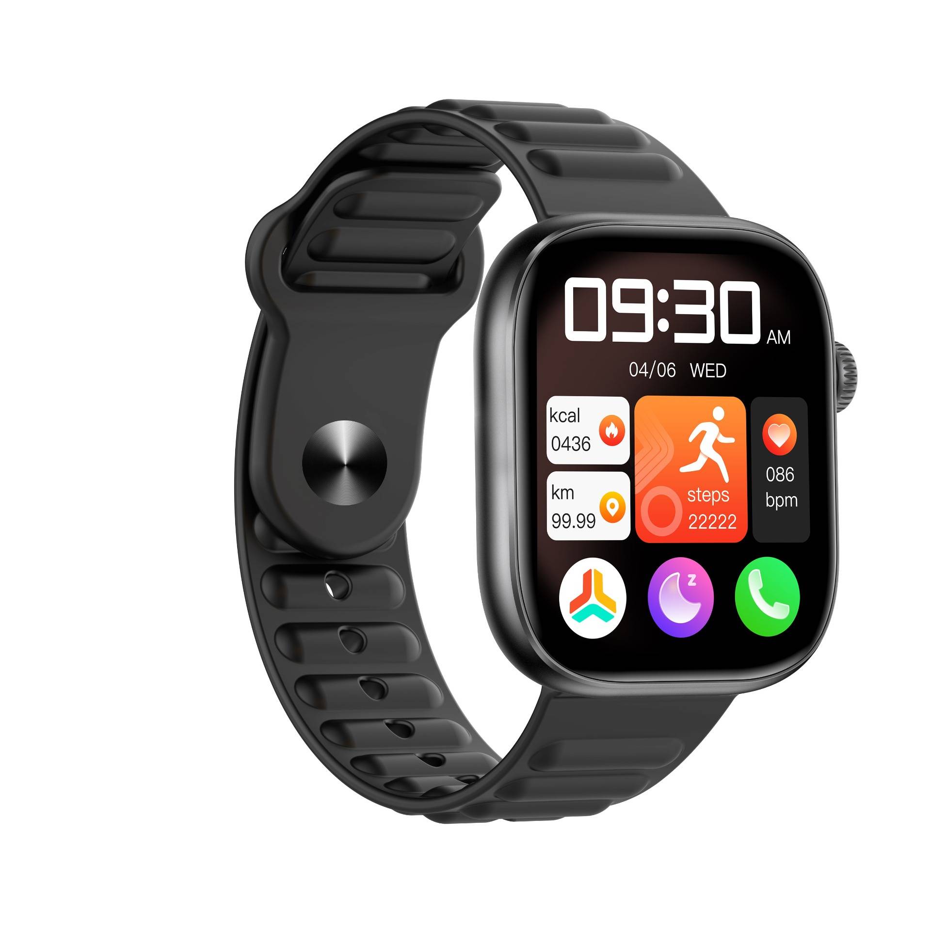 Schwarze Smartwatch mit quadratischem Touchscreen, die 09:30 Uhr, Datum 04/06 MI, Schritte, Kalorien, Entfernung und Herzfrequenz von 086 Schlägen pro Minute anzeigt.