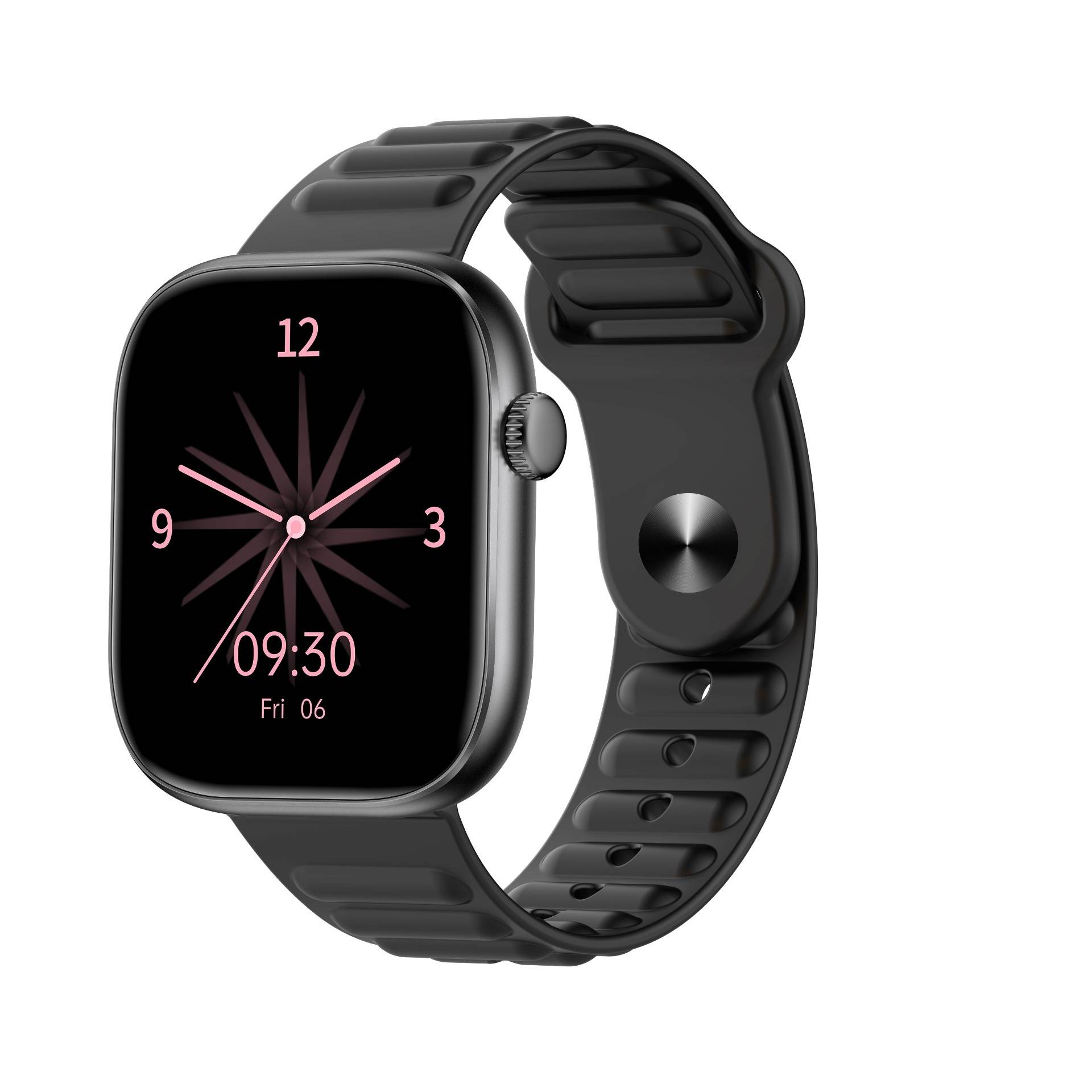 Schwarze Smartwatch mit rosa analogem Zifferblatt, das 09:30 anzeigt, im Winkel angebracht, um das Gehäuse und das perforierte Silikonarmband zu zeigen.