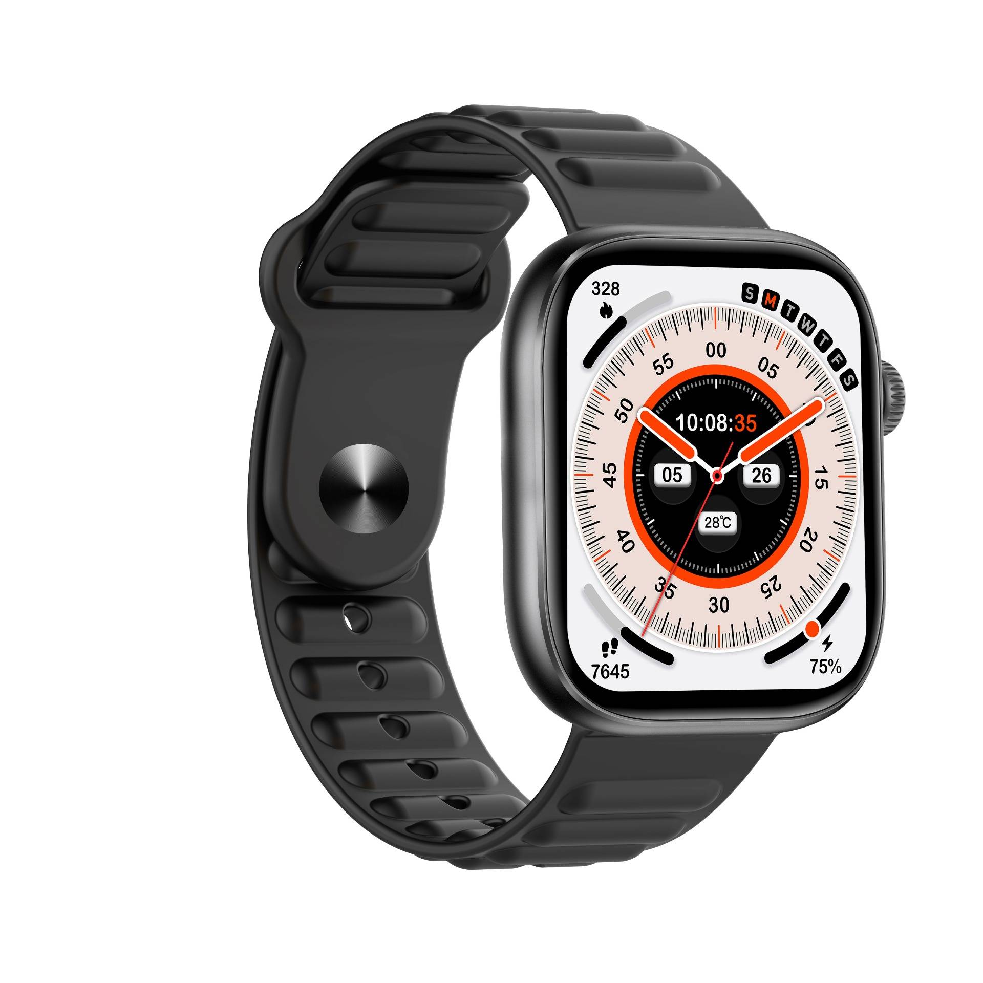 Schwarze Smartwatch mit quadratischem Gehäuse und schwarzem Armband, zeigt analoges Zifferblatt mit digitaler Uhrzeit 10:08:35, Schritte, Herzfrequenz, Temperatur und Batteriestand an.