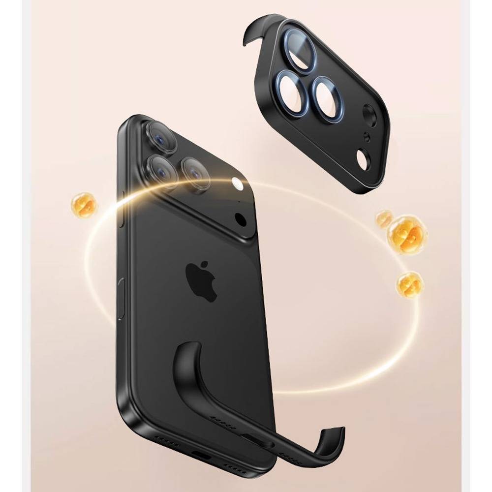 Schwarzes iPhone mit abnehmbarem magnetischem Ring-Ständer/Gehäuse und einem zusätzlichen Kameraabdeckungsstück, das über einem beigen Hintergrund schwebt.