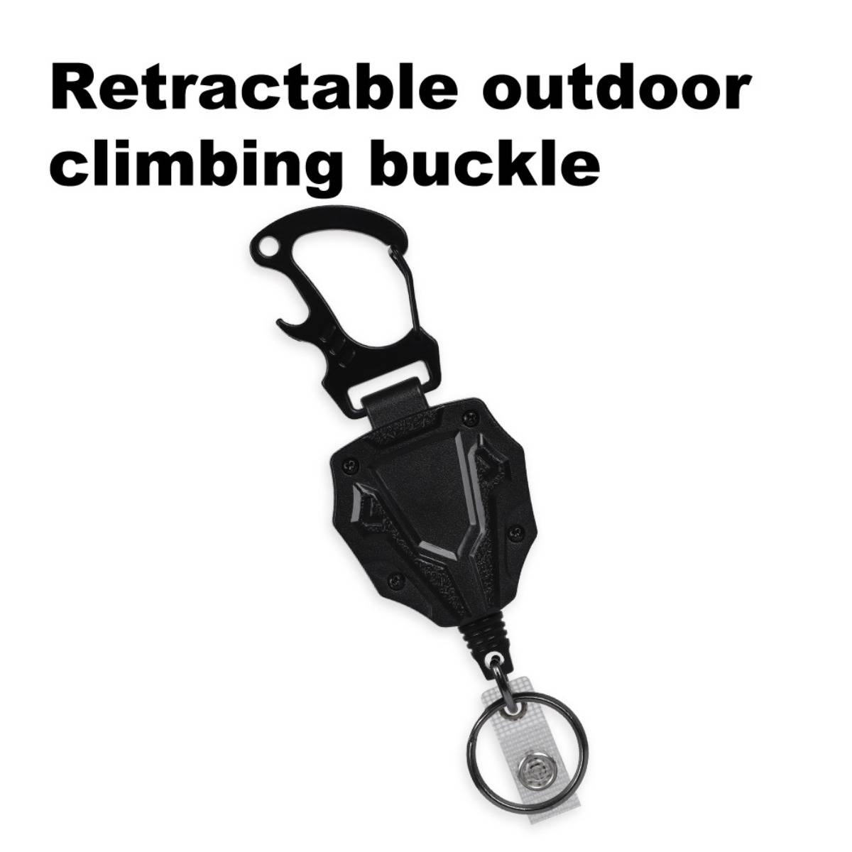 Einziehbarer Outdoor-Kletterhaken mit schwarzem karabinerartiger Klammer und angebrachtem einziehbarem Seil, das in einem Metallring endet.