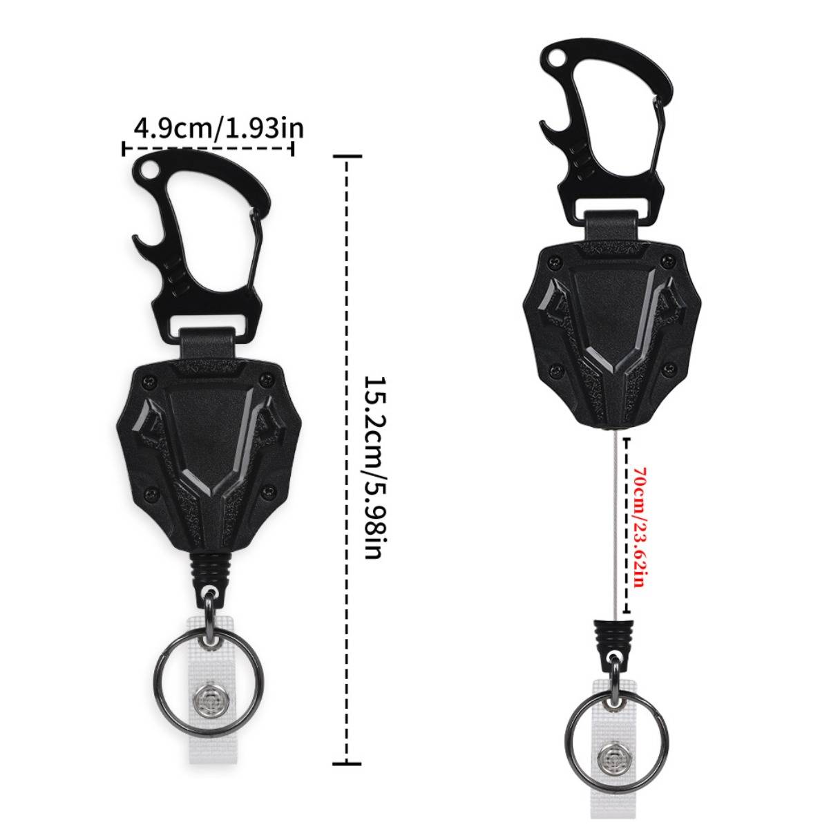 Schwarze einziehbare Schlüsselanhänger-Ausweisrolle mit Karabinerverschluss, dargestellt mit Größenmessungen 15,2 cm Höhe und 4,9 cm Breite.