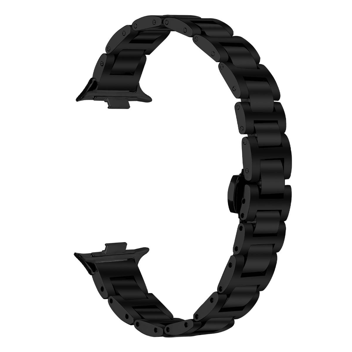 Schwarzes Metallarmband mit Schnallenverschluss, in Form einer kreisförmigen offenen Schleife auf weißem Hintergrund.