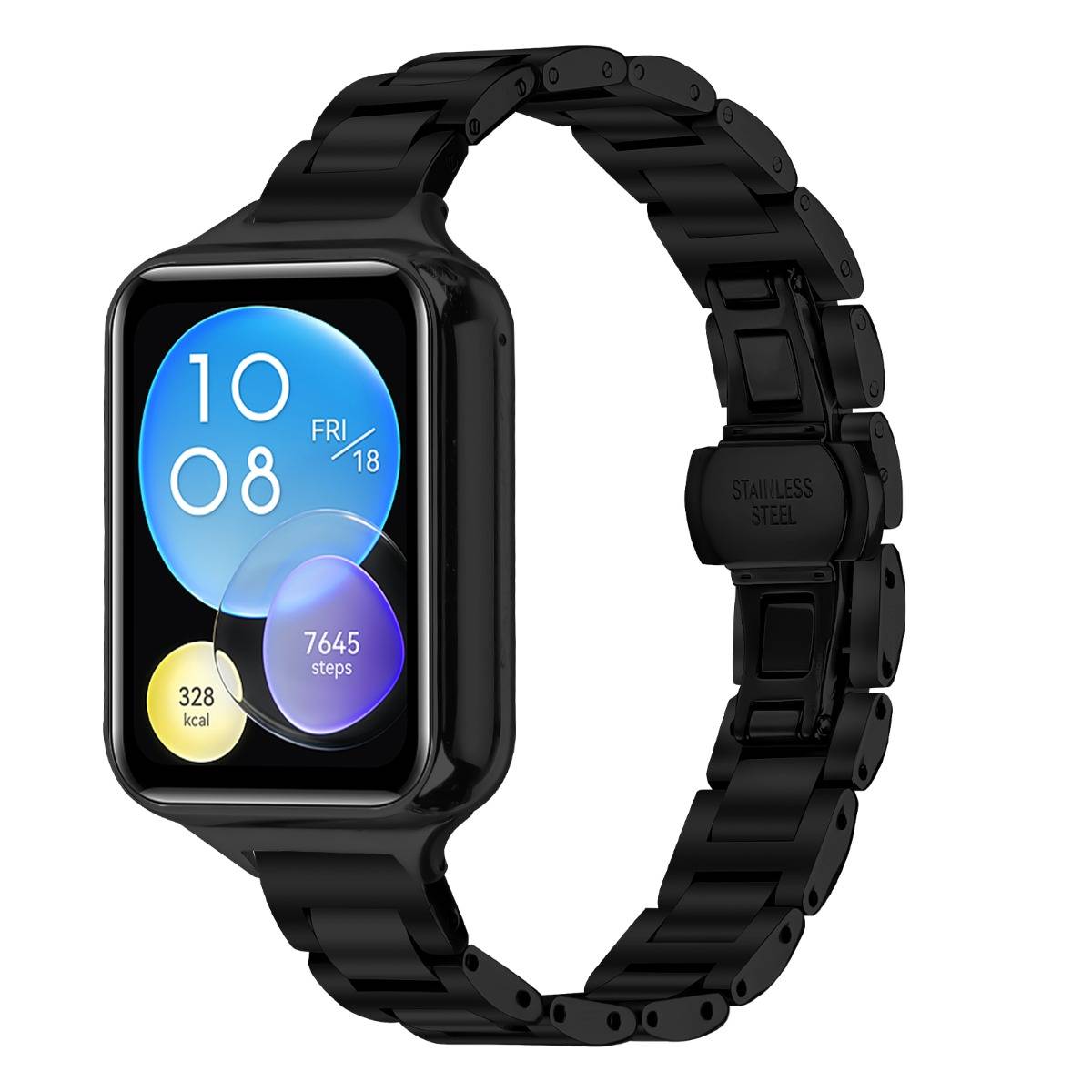 Schwarze rechteckige Smartwatch mit Metallgliedband, zeigt digitale Uhr, Datum, Schritte und Kalorien auf dem Bildschirm.