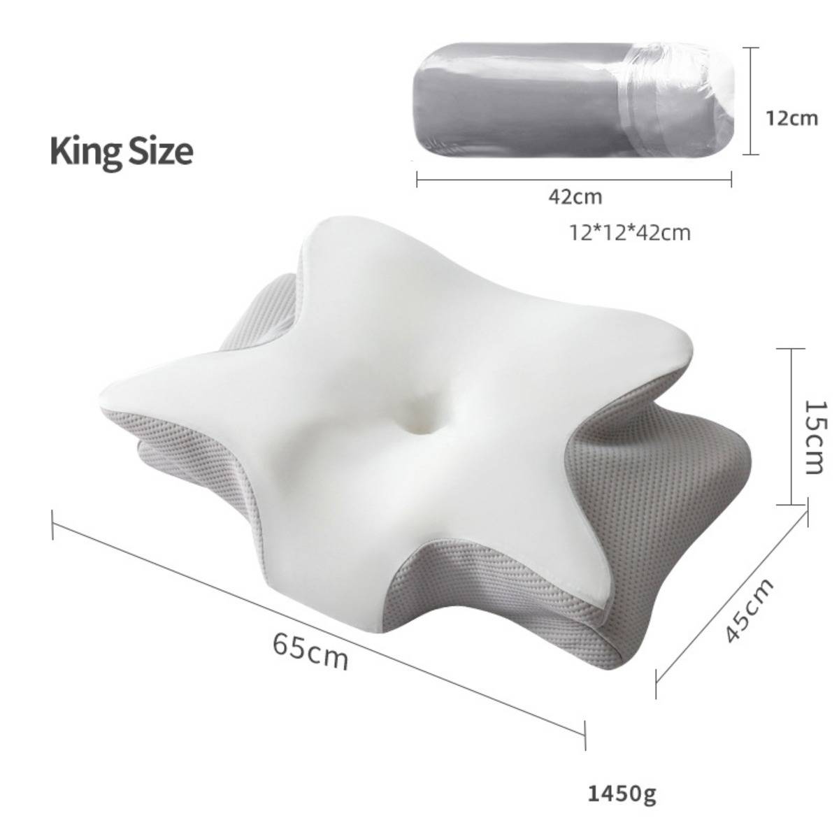 Königsgröße stern-förmiges Visco-Schaum-Kissen mit konturierter Mitte; Abmessungen 65 x 45 x 15 cm, Rollgröße 42 x 12 cm, Gewicht 1450 g.