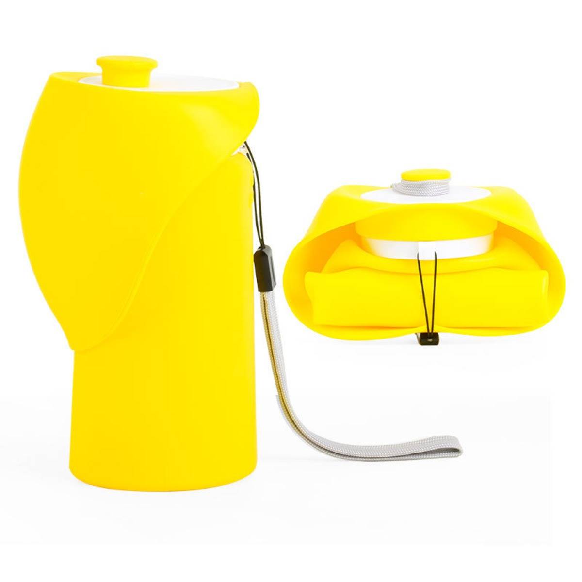 Gelbe Notfall-Augenspülflasche mit angebrachtem Gesichtsmundstück und Schlauch auf weißem Hintergrund.