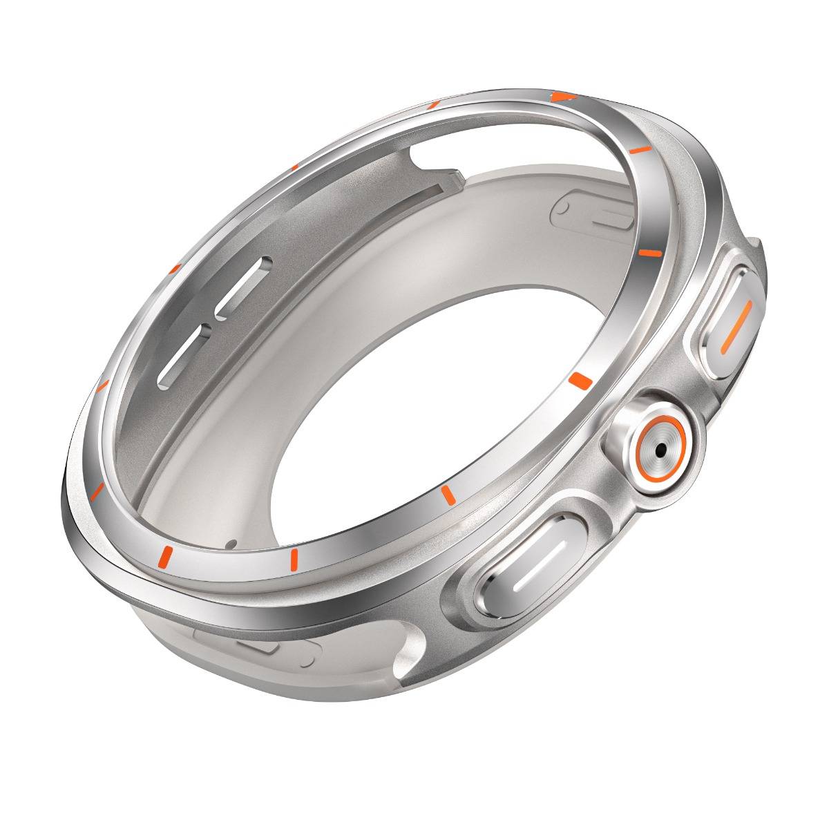 Silberne Smartwatch mit ringähnlichem Design und orangefarbenen Akzenten, dargestellt in einer 3D-Produktansicht auf weißem Hintergrund.