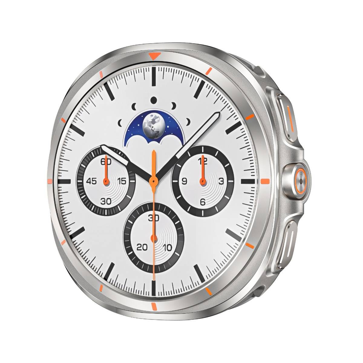 Silberne Smartwatch mit weißem Analogzifferblatt, orangefarbenen Akzenten, drei Hilfszifferblättern und Mondphasen-Anzeige.
